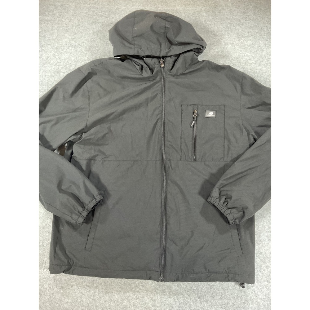 New Balance Mens Hooded Softshell Jacket Black Fleece Lined Full Zip Large 2648